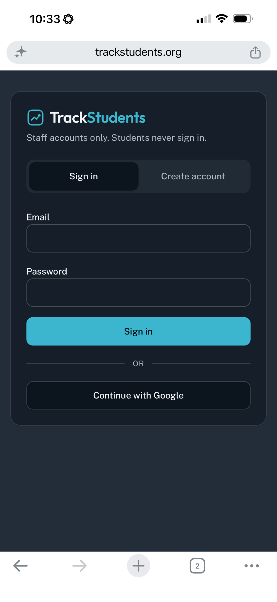 TrackStudents staff sign-in screen