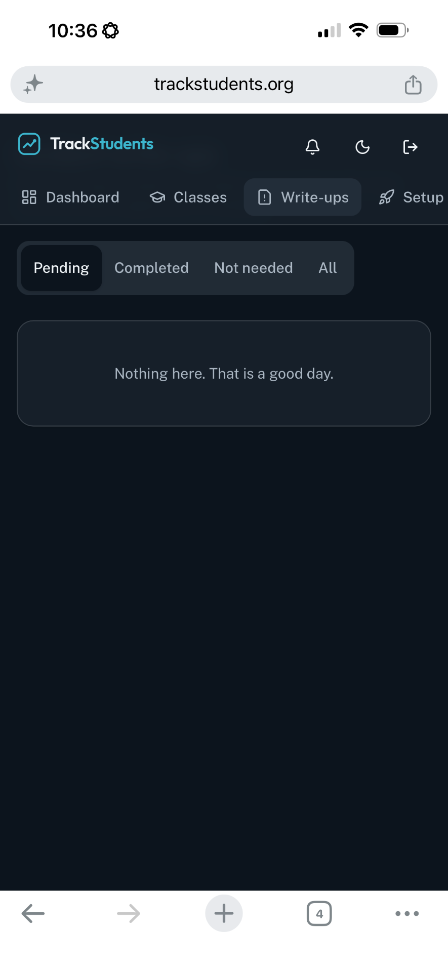 Write-ups screen with no open incidents