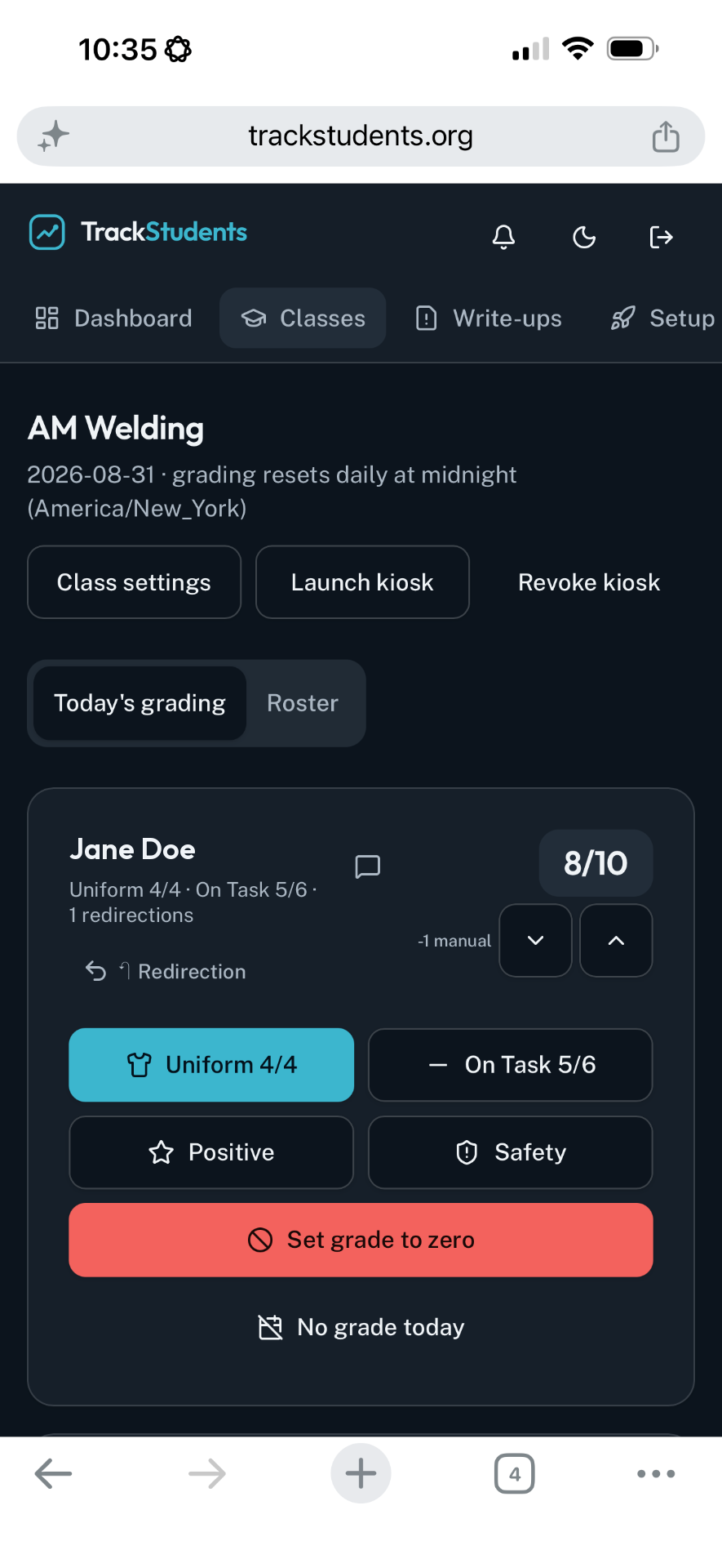 Class screen with kiosk launch options