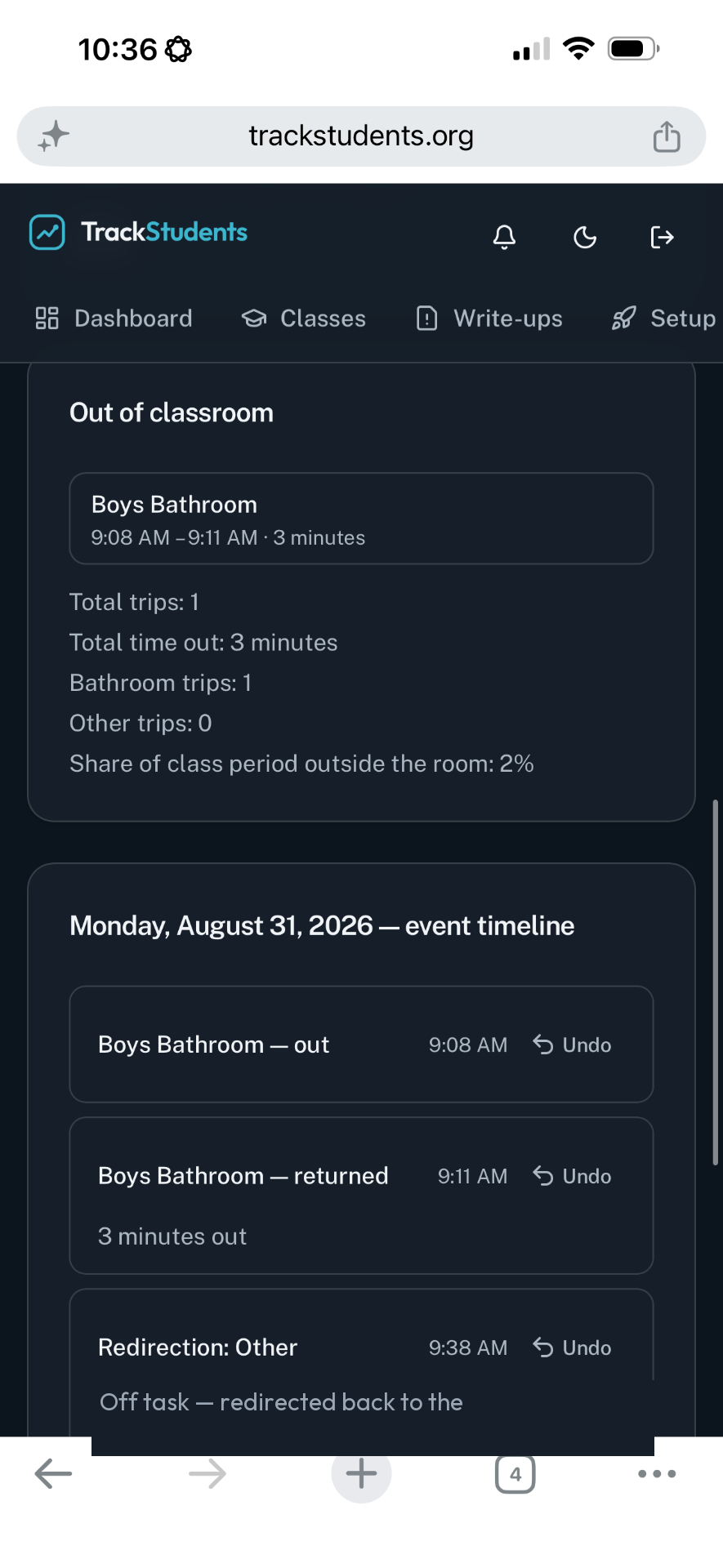 Classroom statistics and event timeline