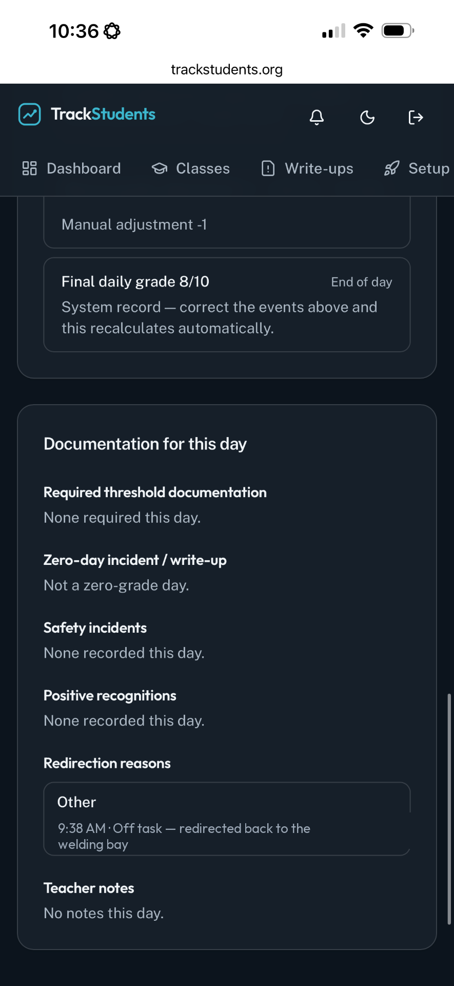 Documentation summary section of a student report